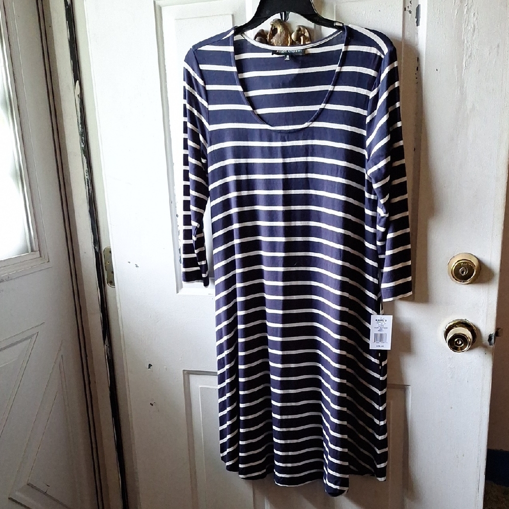 Blue and White A-Line Long Sleeve Dress